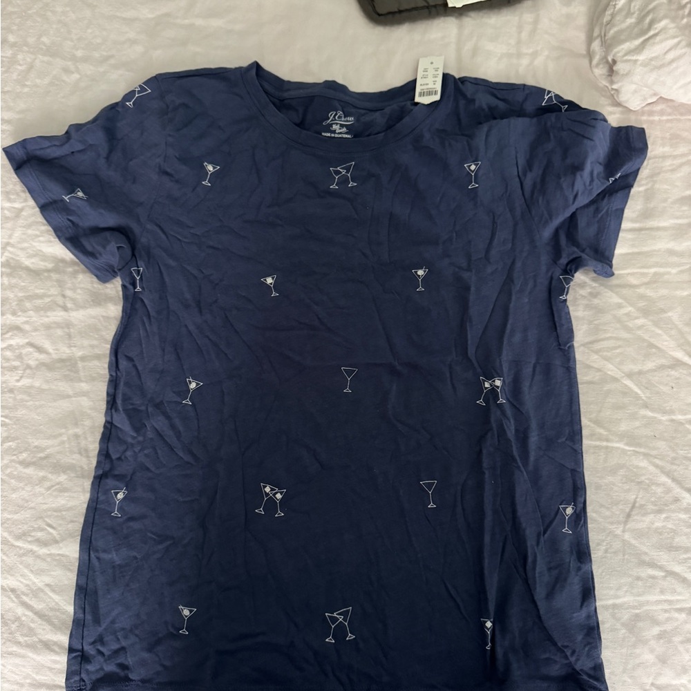 J. Crew Blue Tee with White Cocktail Design